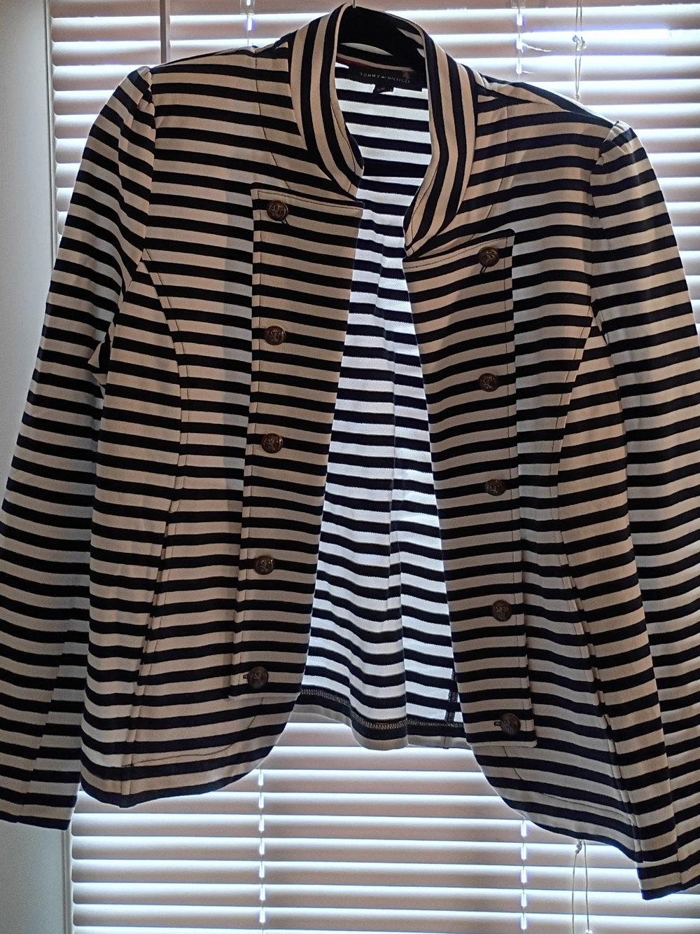 Tommy Hilfiger Navy/ White Military Band Striped Double Breasted Blazer Sz XL